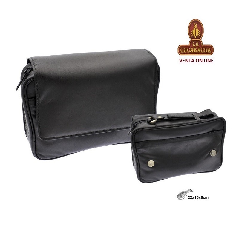 T-31233-BOLSA TABACO PIEL PARA 4 PIPAS FUMAR Y ACCESORIOS NEGRA