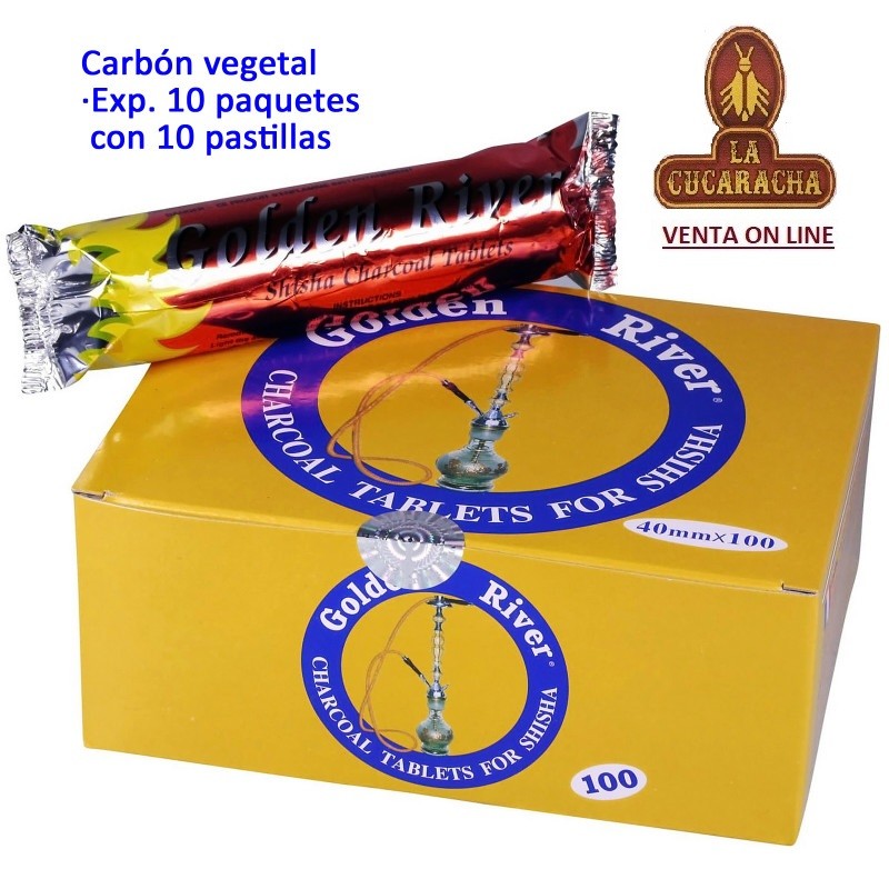 TG-11065-GOLDEN RIVER-PACK 6-CARBON VEGETAL SHISHA CAJA 10X10 PASTILLAS 40MM.