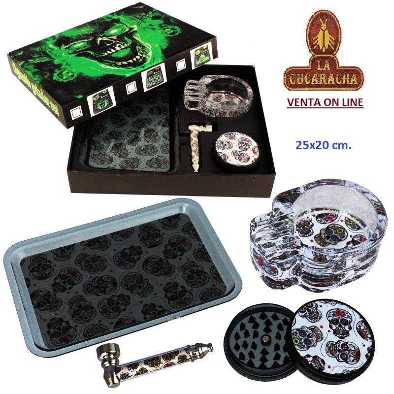 TG-33028-SET PIPA HIERBA CON GRINDER BANDEJA Y CENICERO «Skull».